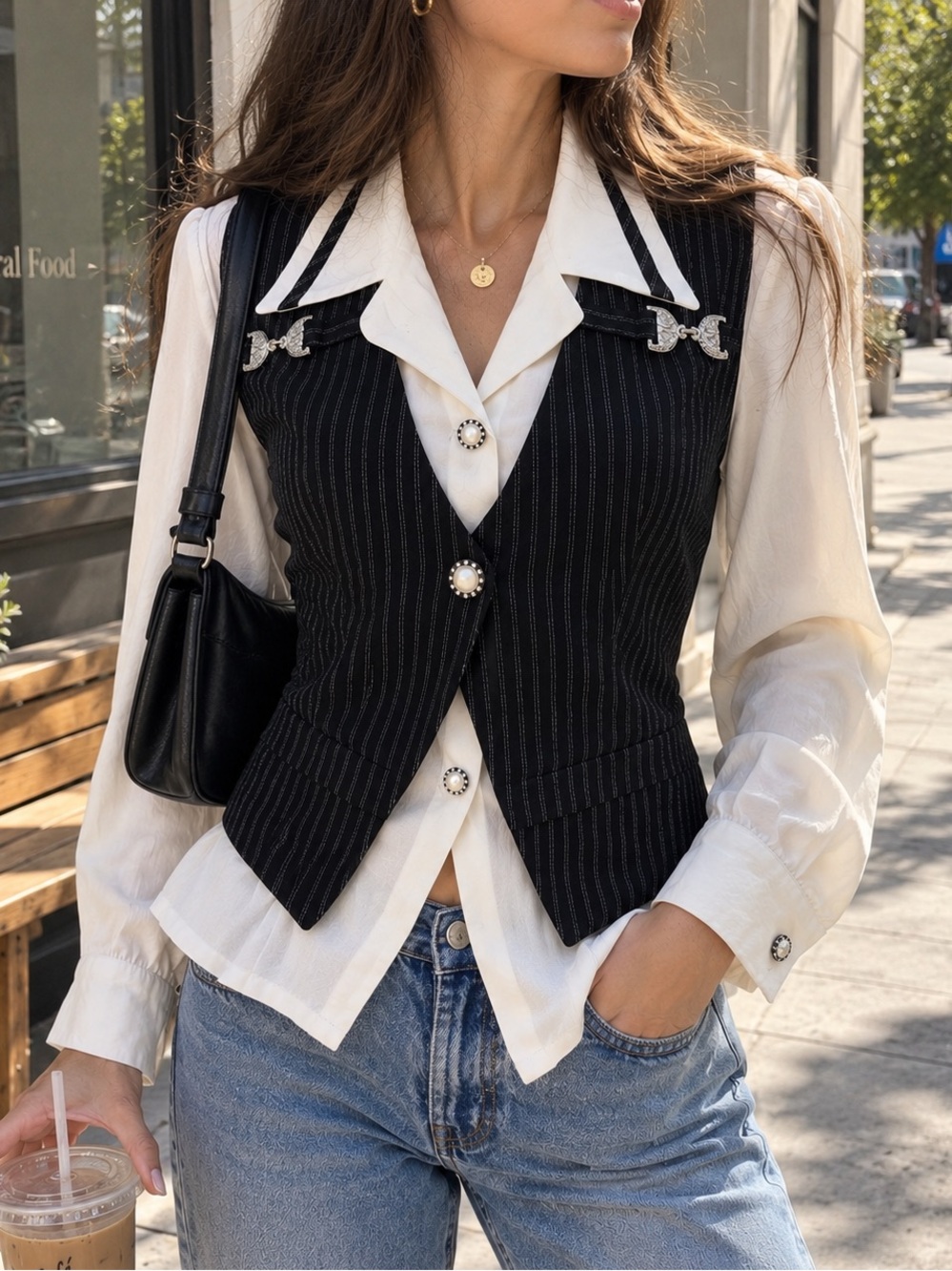 Vintage Milex Pinstripe Waistcoat Blouse Pearl Buttons Made USA